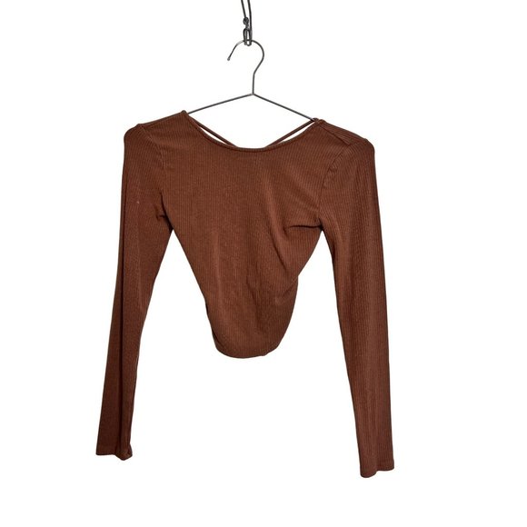 ASTR Shirt Womens XS Brown Long Sleeve Ribbed Open Back Crop Top Lace Up - Picture 2 of 6